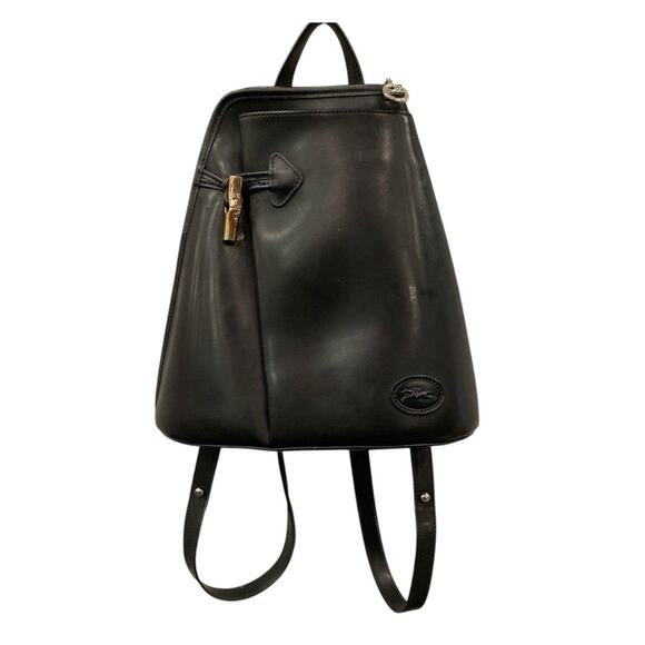 AUTH Vintage Longchamp Roseau Black Leather‎ Backpack w/ Toggle Detail